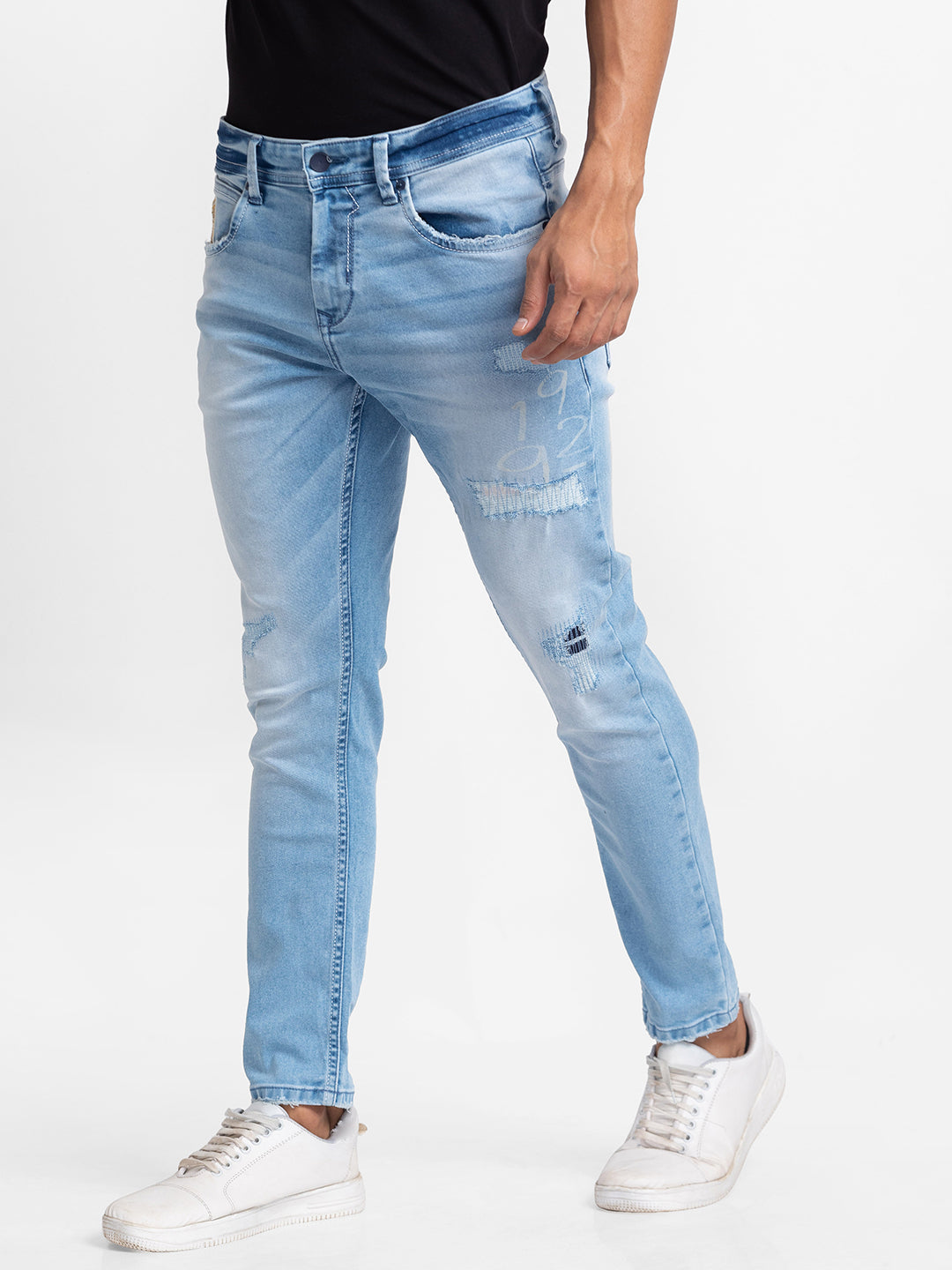 Spykar Light Blue Cotton Slim Fit Tapered Length Jeans For Men (Kano)