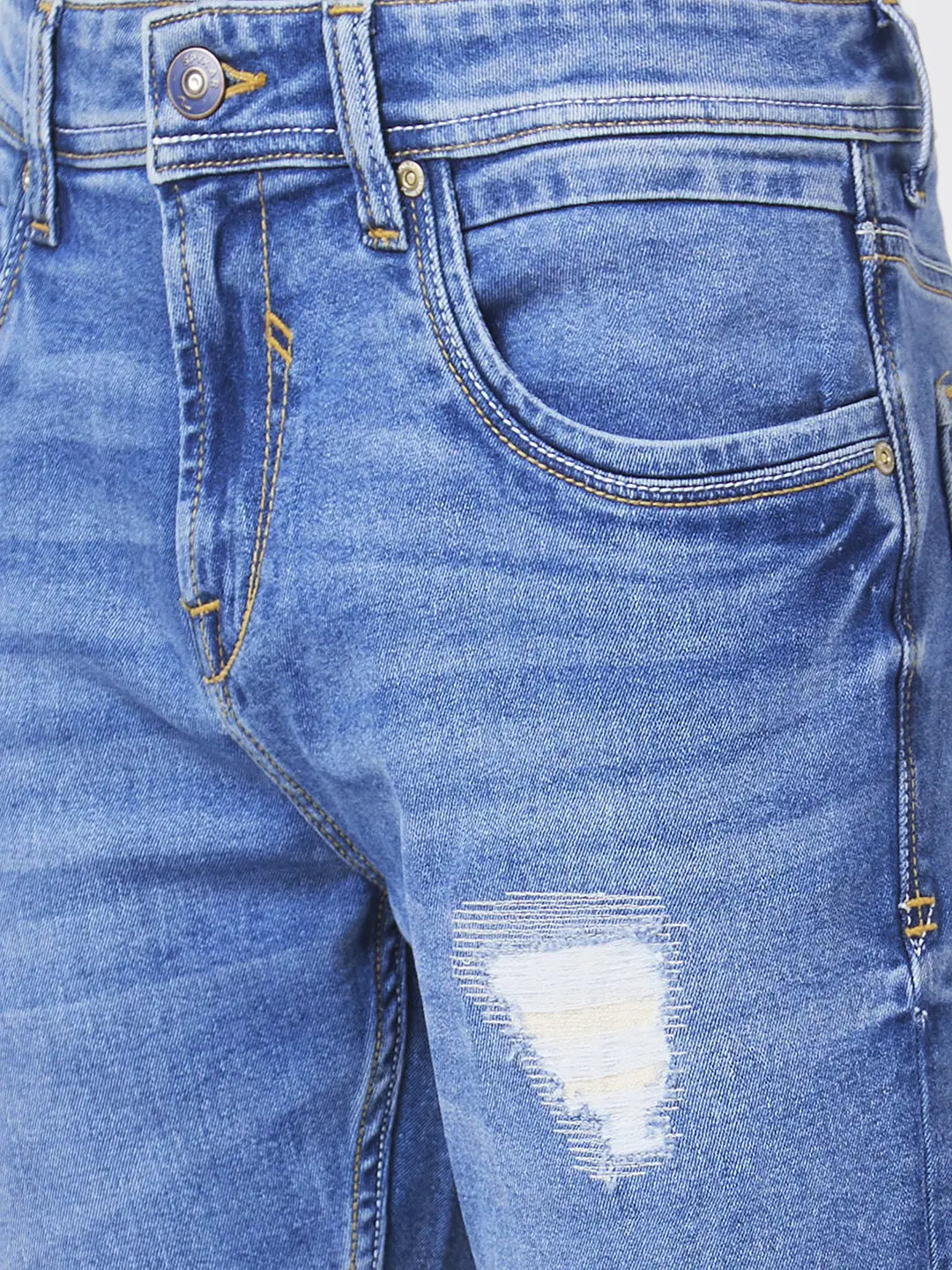 Spykar Men Mid Blue Cotton Slim Fit Narrow Length Mild Distressed Low Rise Jeans (Skinny)