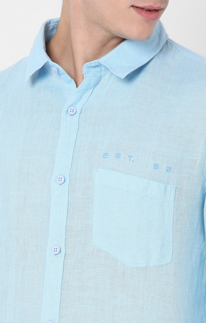 Spykar Slim Fit Blue Plain Full Sleeve Shirts For Men