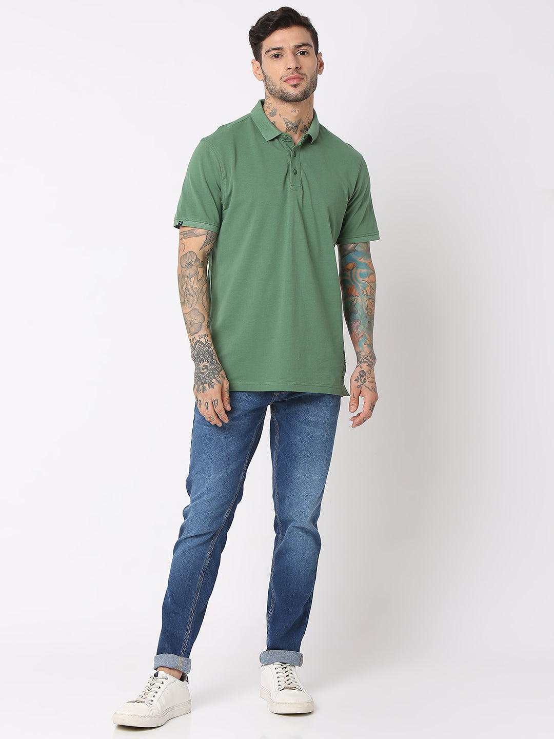 Spykar Men Dark Sage Green Cotton Regular Fit Polo Plain T-Shirt