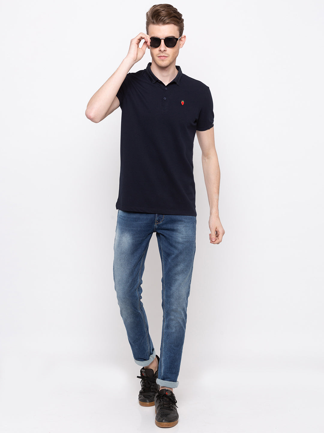 Spykar Men Blue Cotton Slim Fit Polo T-Shirt