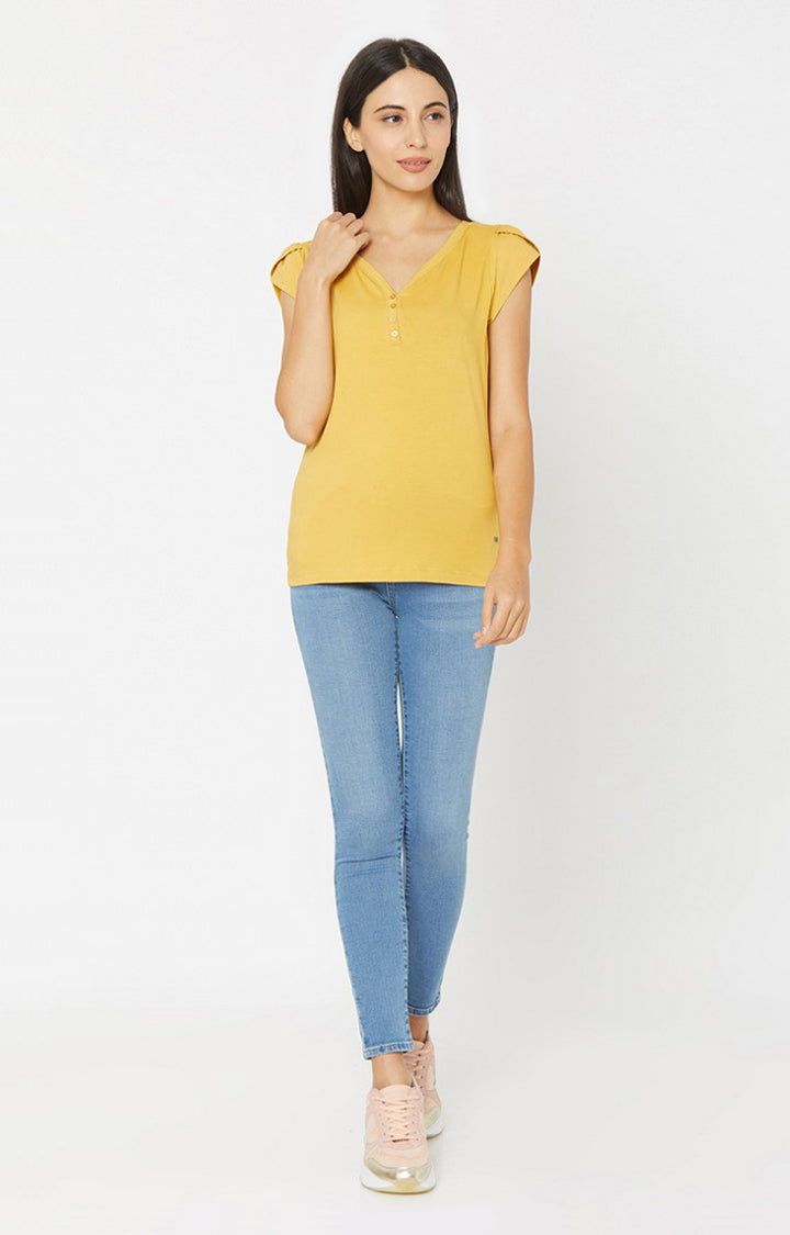 Spykar Women Yellow Cotton Regular Round Neck T-Shirts