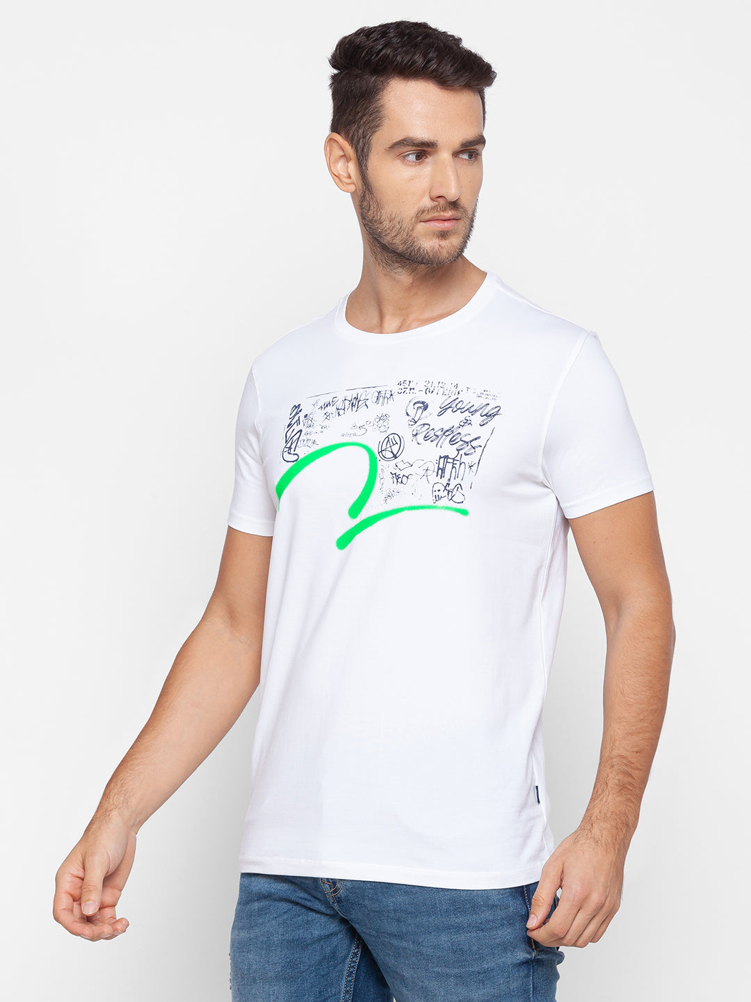 Spykar Men White Cotton Slim Fit Round Neck T-Shirt