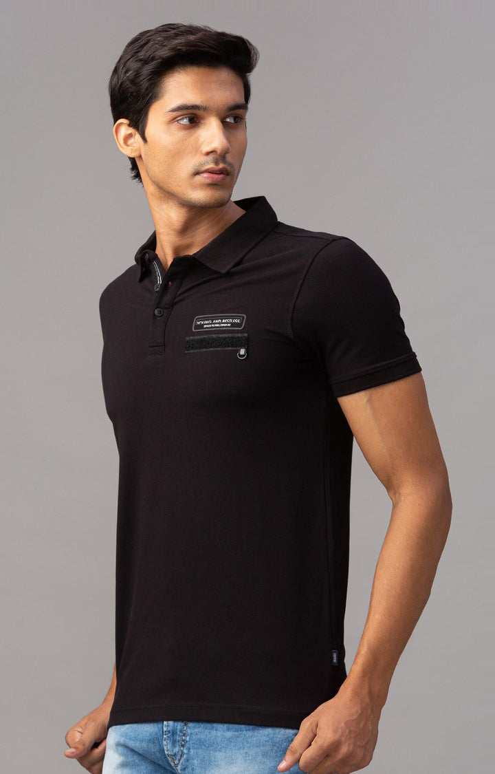 Spykar Black Cotton Slim Fit Polos T-Shirt For Men