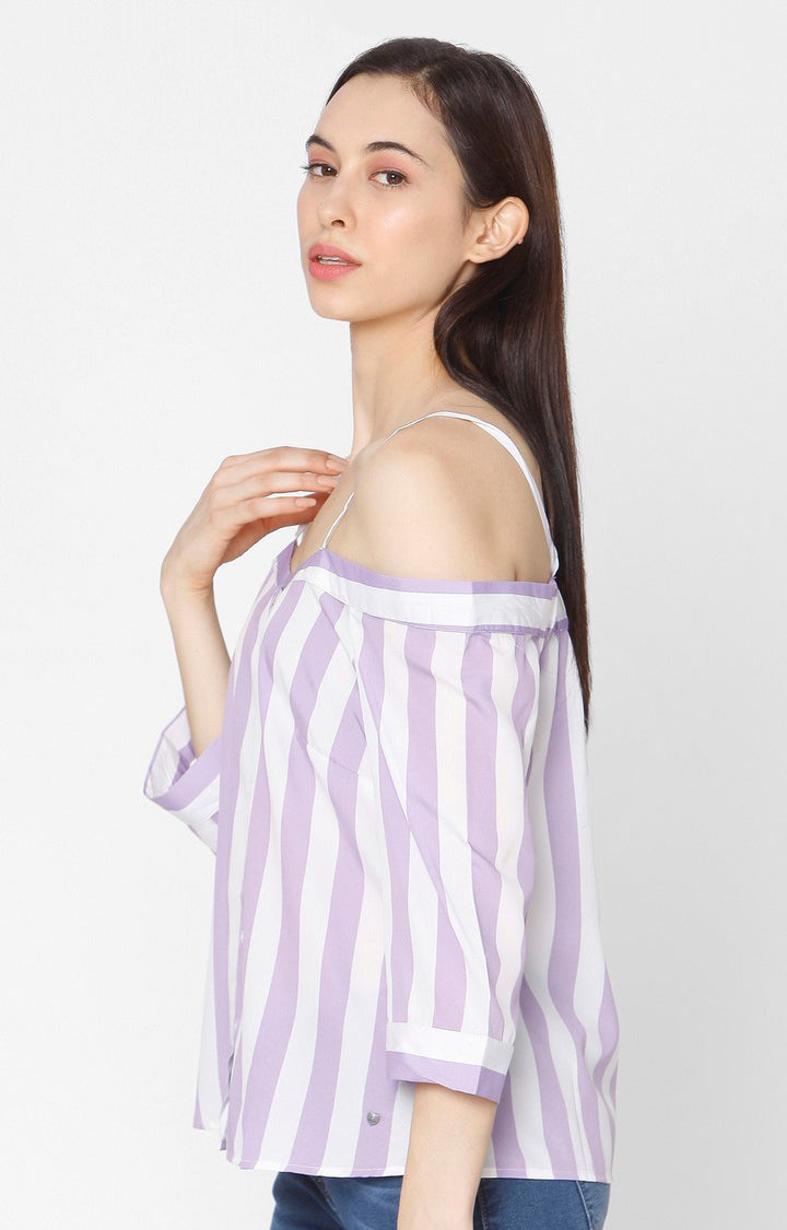 Spykar Slim Fit Purple Sttiped Off Shoulder Cotton Women Shirt