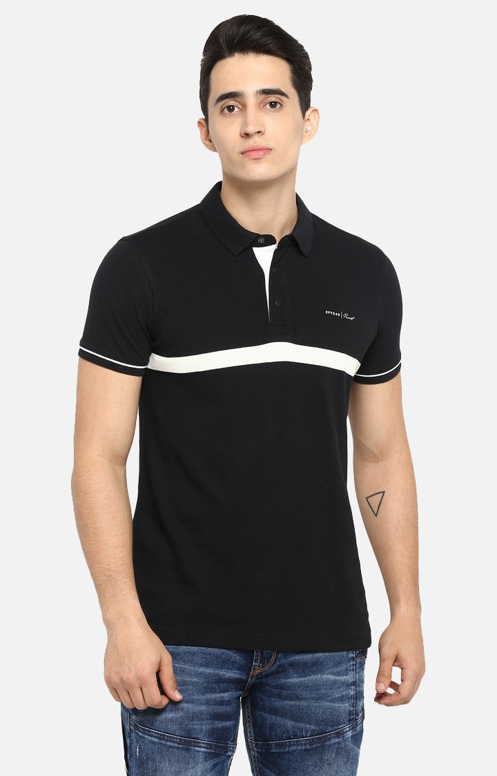 Spykar Black Striped Slim Fit Polos T-Shirt