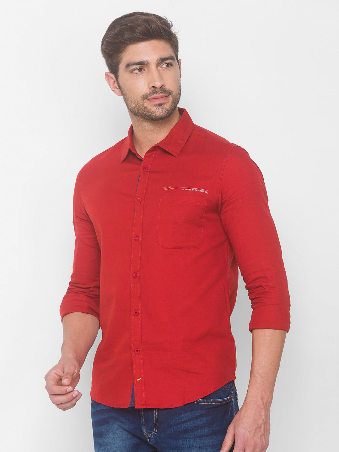 Spykar Men Brickred Cotton Casual Slim Fit Shirt