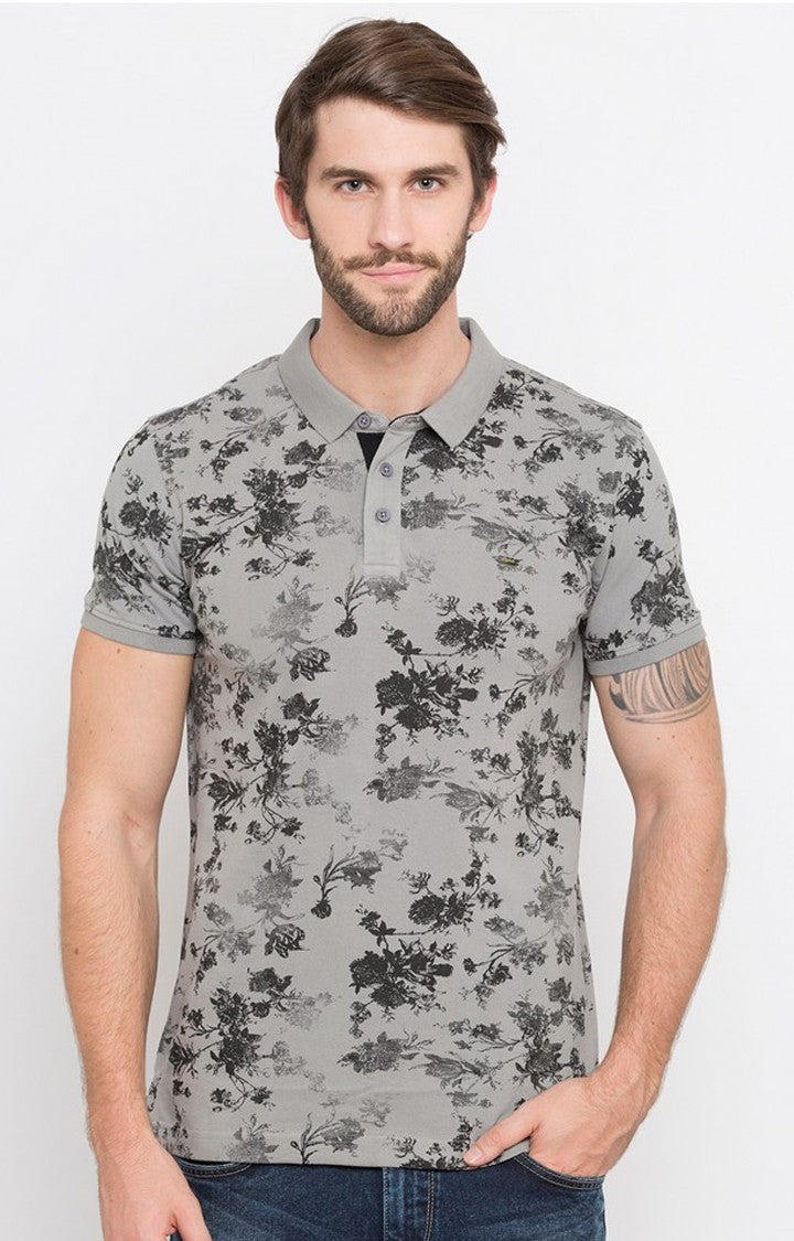 Spykar Grey Printed Slim Fit Polo T-Shirt