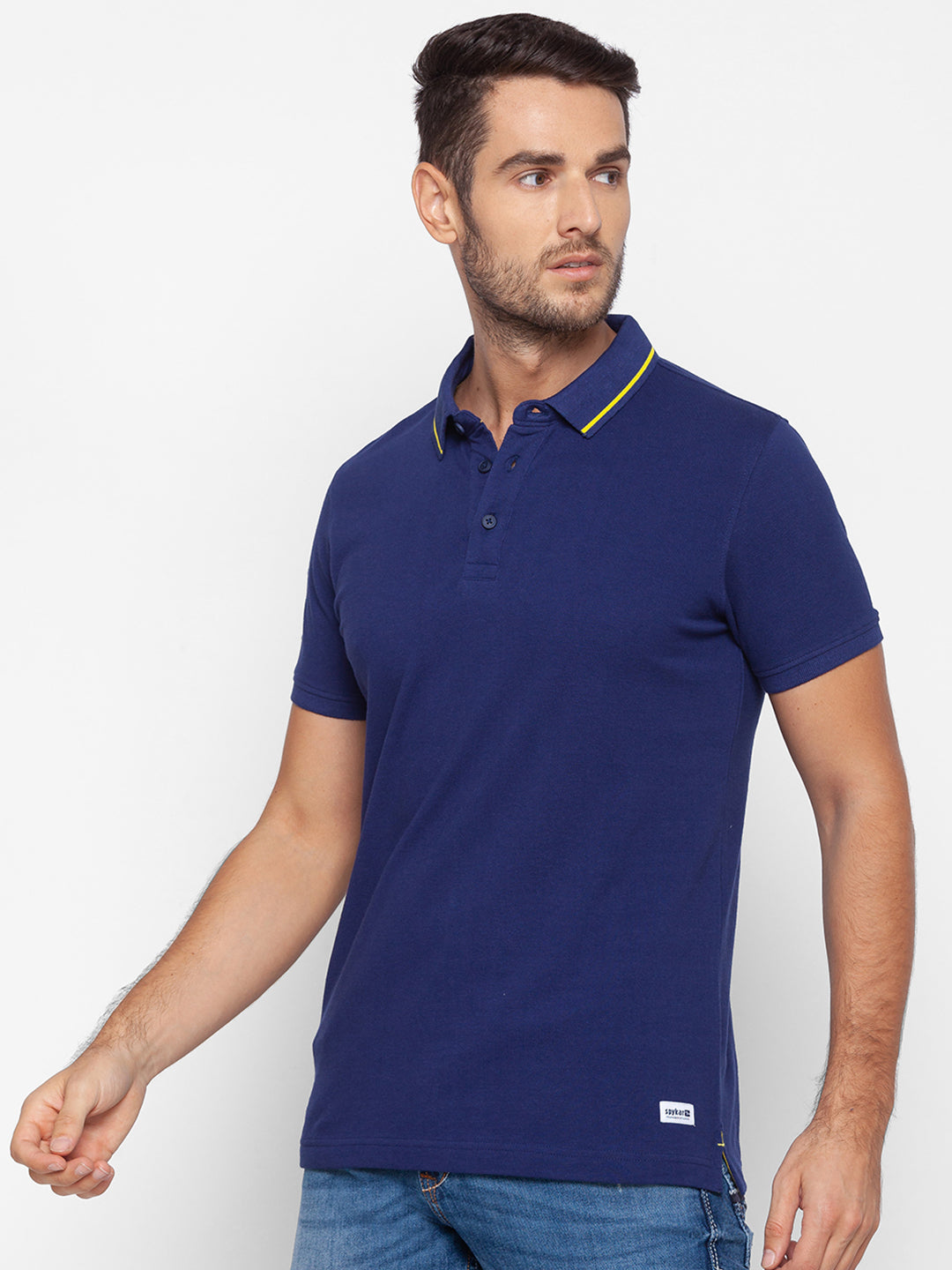 Spykar Men Blue Cotton Slim Fit Polo T-Shirt