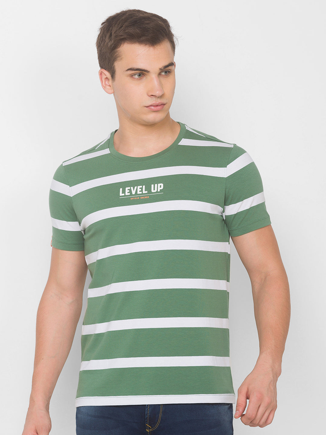 Spykar Men Green Cotton Slim Fit Round Neck T-Shirt