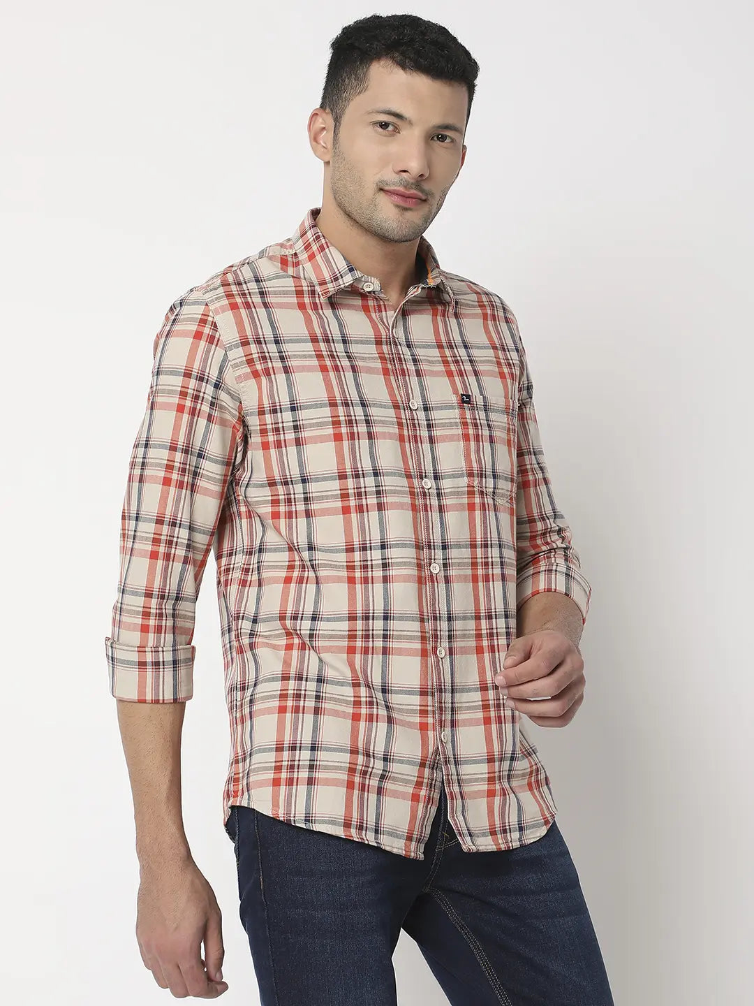 Spykar Men Beige Cotton Slim Fit Checkered Shirt