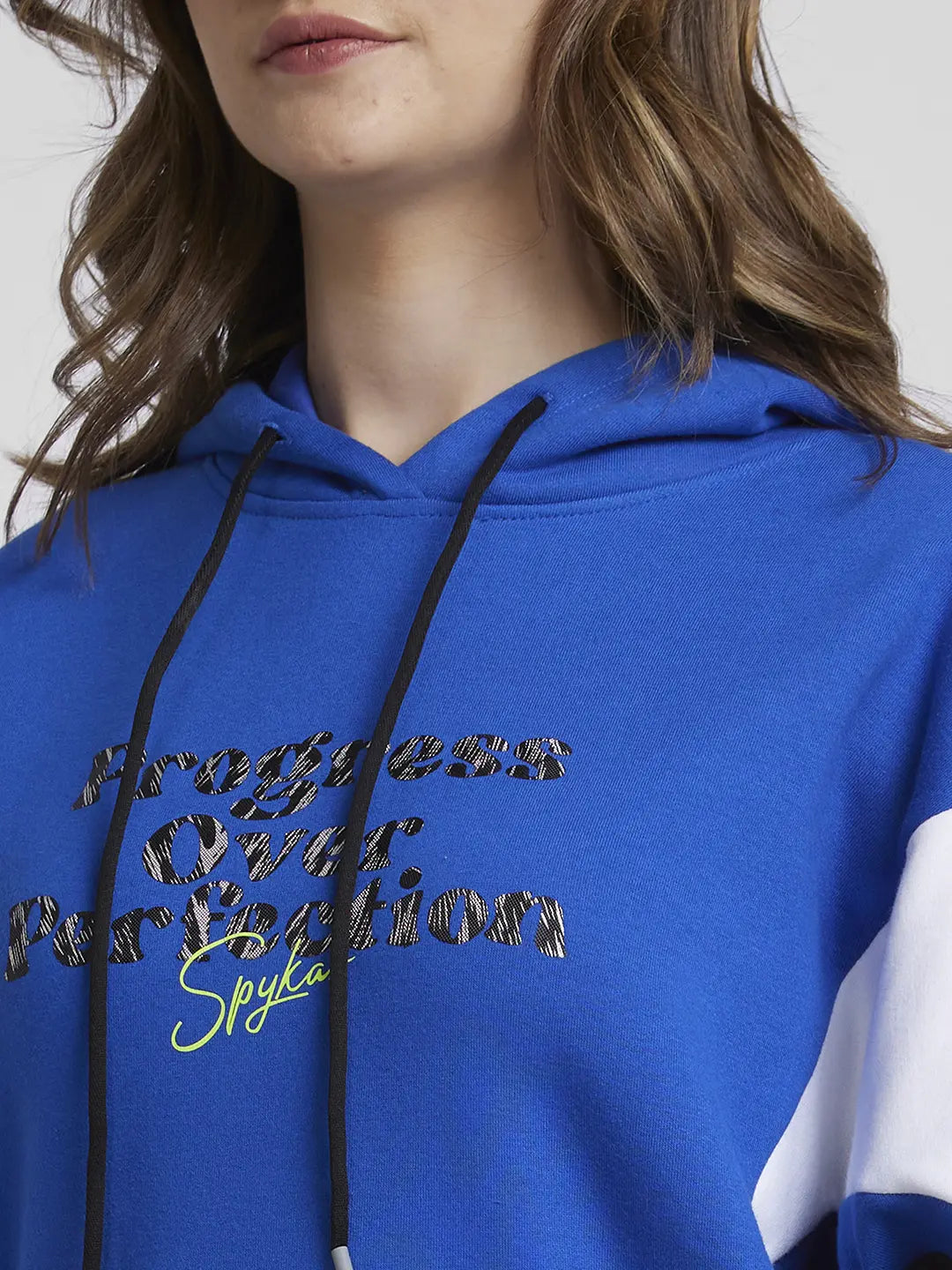 Spykar Women Galactic Cobalt Blended Comfort Fit Hooded Printed Sweatshirt