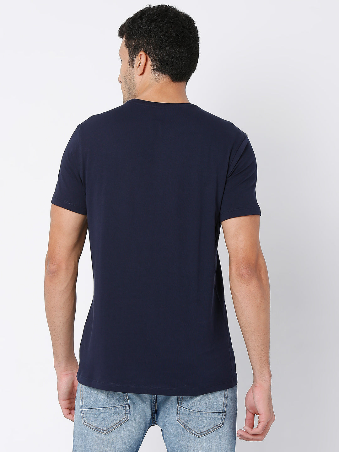 Spykar Navy Blue Cotton Half Sleeve Printed Casual T-Shirt For Men