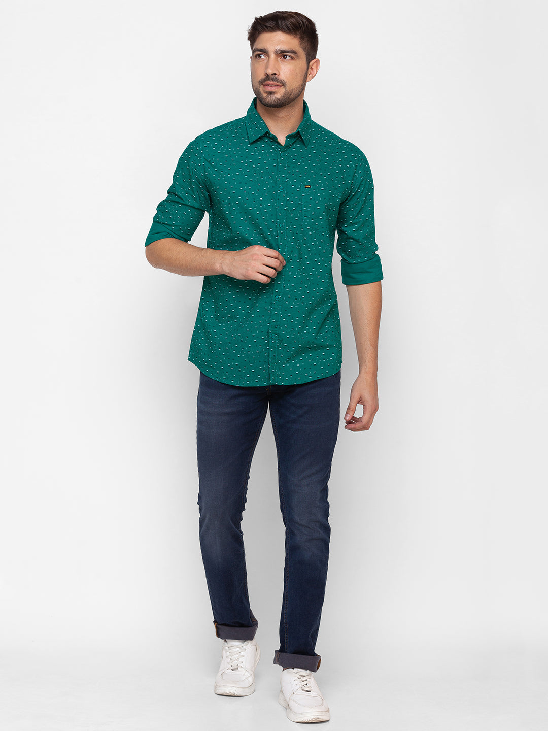 Spykar Sporty Green Cotton Full Sleeve Printed Shirt For Men