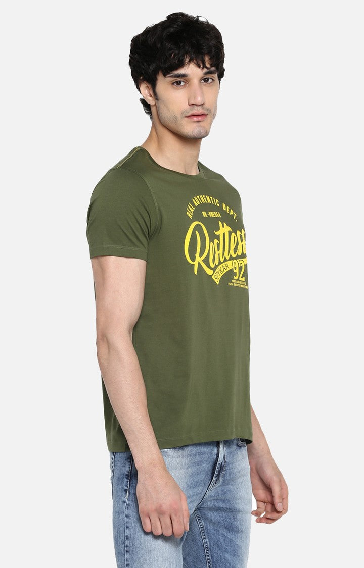 Spykar Olive Green Printed Slim Fit Men T-Shirts