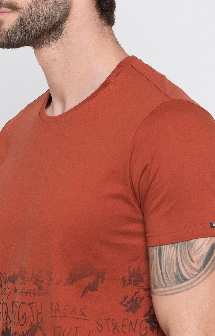 Spykar Burnt Orange Printed Slim Fit Men T-Shirts