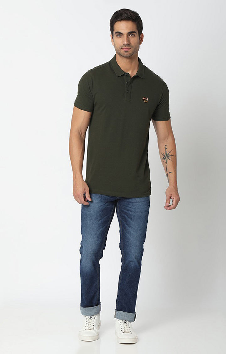 Spykar Rifle Green Cotton Half Sleeve Plain Polo T-Shirt For Men