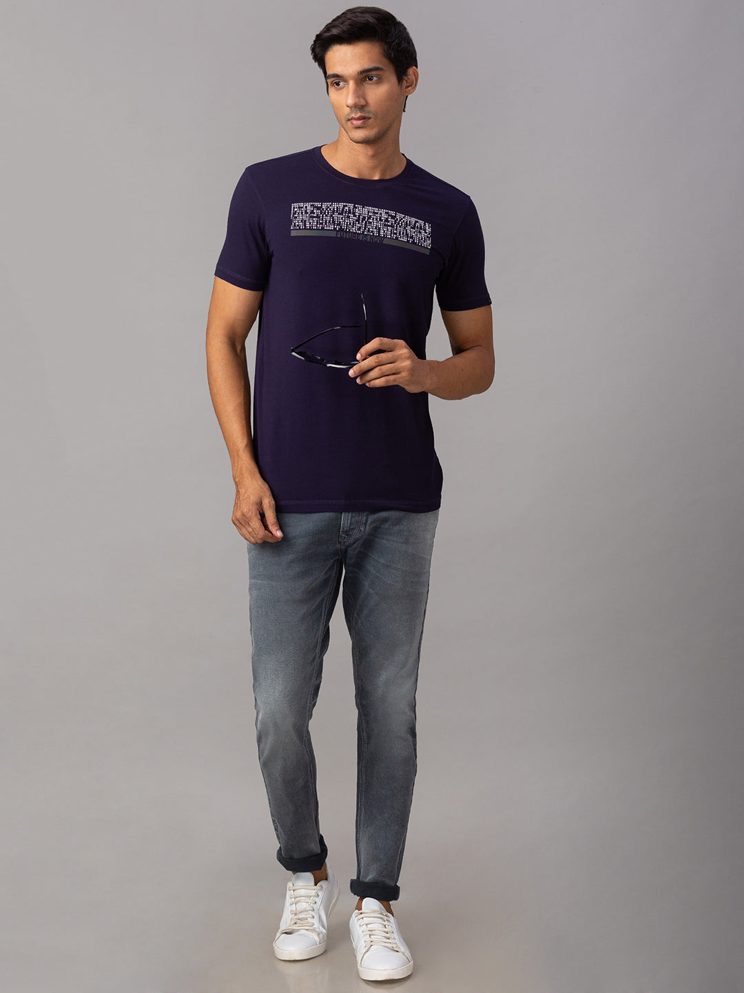 Spykar Men Blue Cotton Slim Fit Round Neck T-Shirt