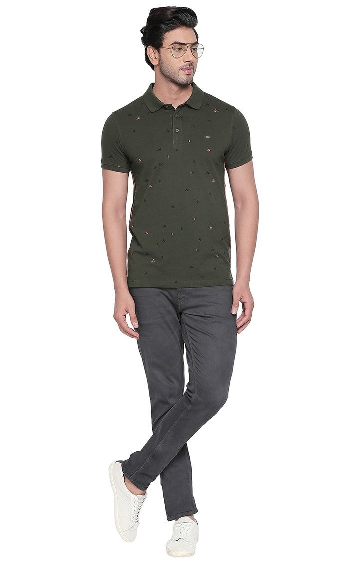 Spykar Olive Printed Slim Fit Polo T-Shirt