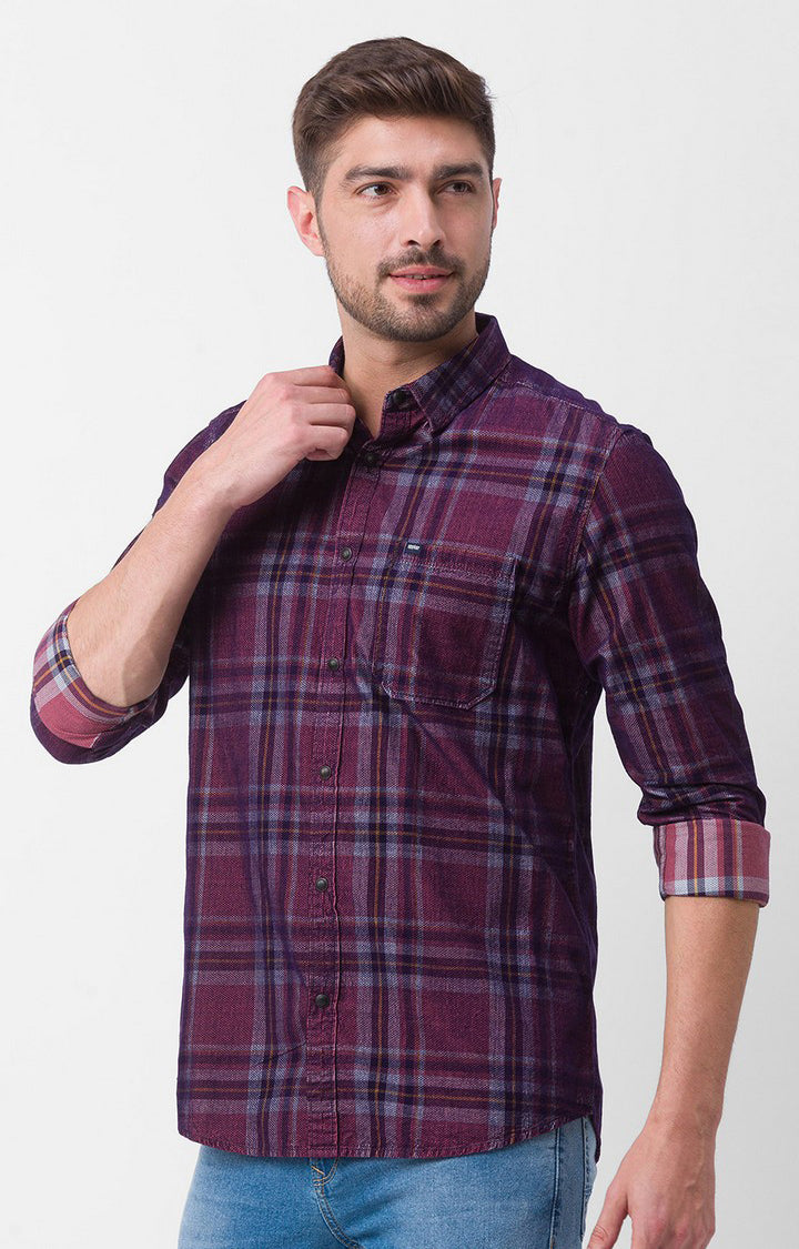 Spykar Mauve Pink Cotton Full Sleeve Checks Shirt For Men