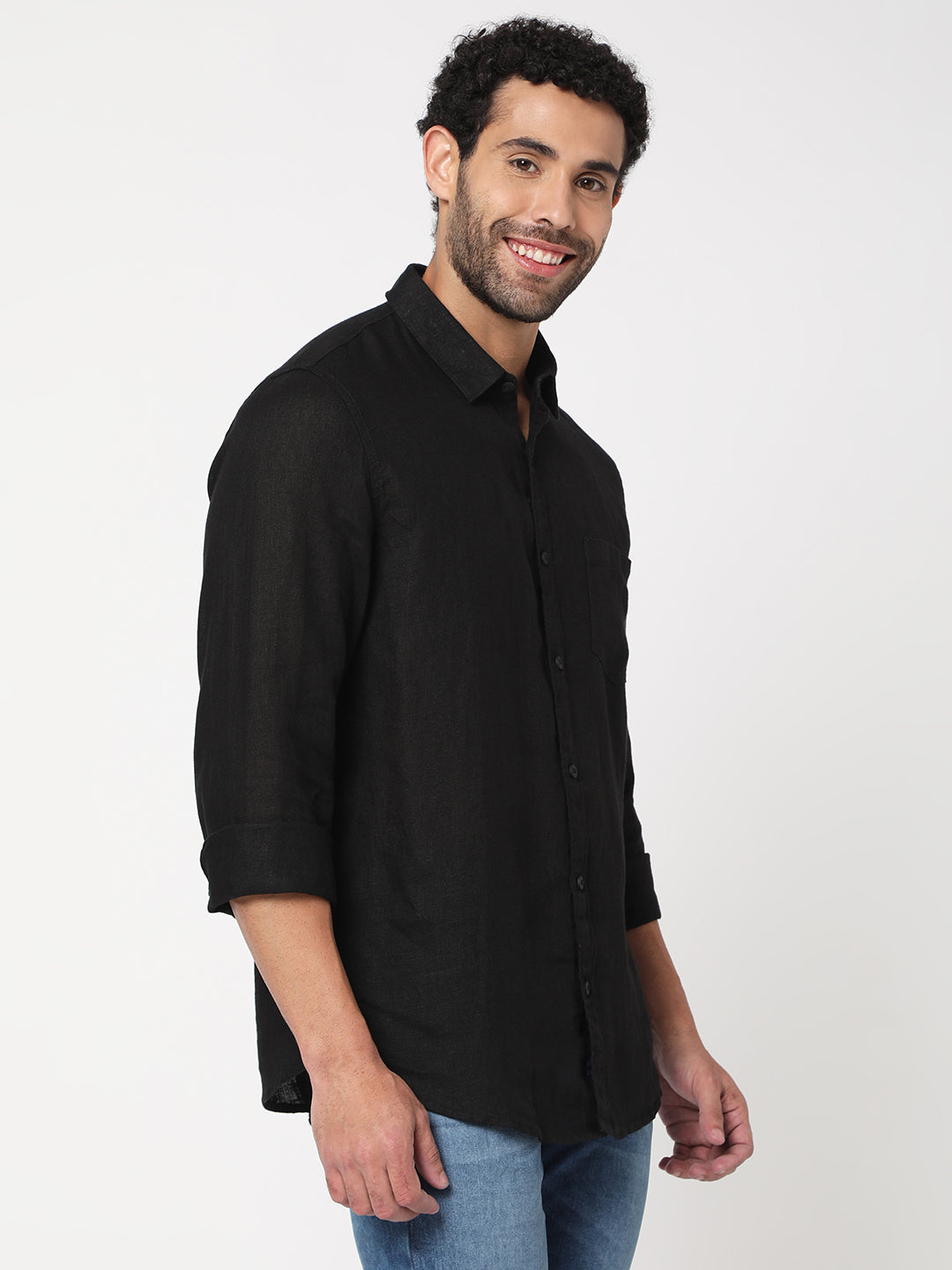 Spykar Men Black Cotton Slim Fit Full Sleeve Plain Shirt