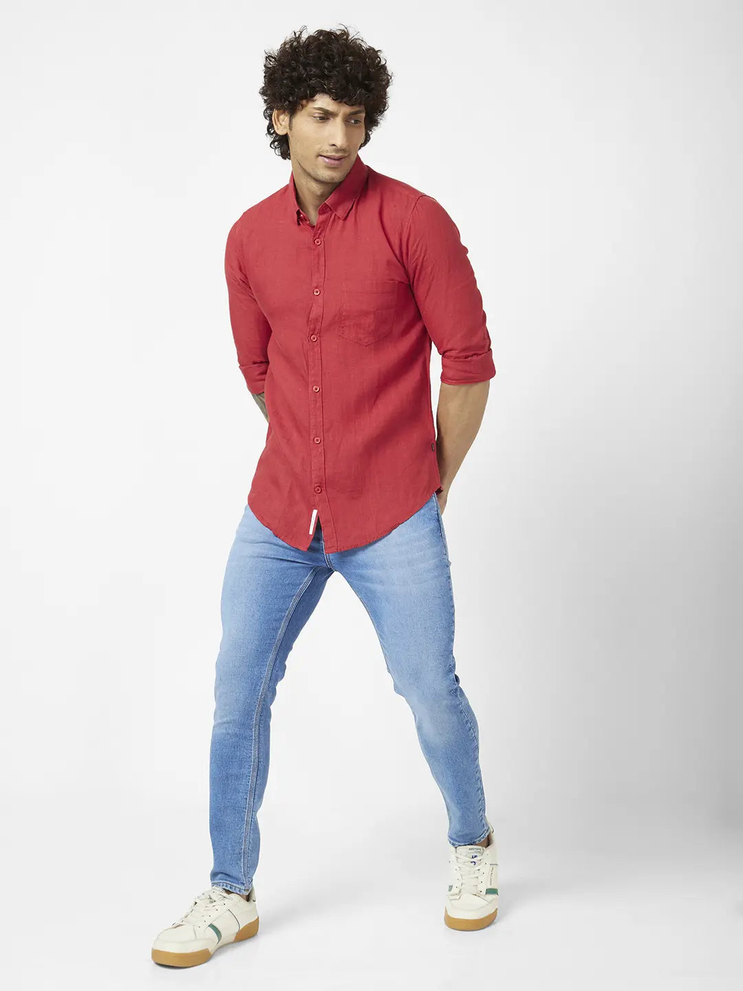 Spykar Men Brick Red Linen Regular Slim Fit Full Sleeve Plain Shirt