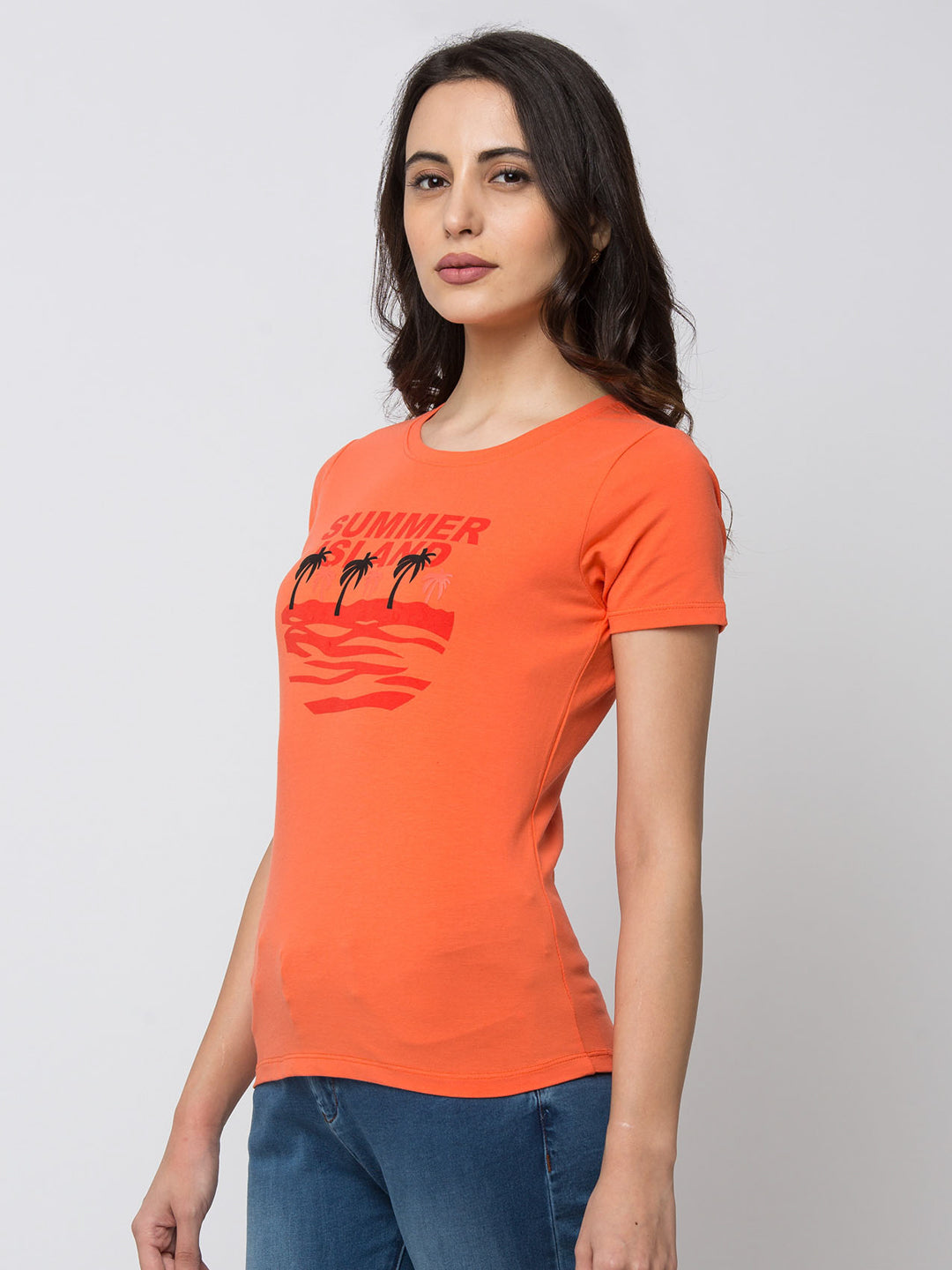 Spykar Women Orange Lycra Regular Round Neck T-Shirt