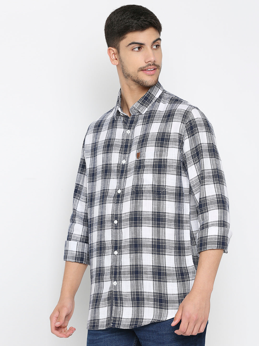 Spykar White Cotton Full Sleeve Checkered Shirt For Men