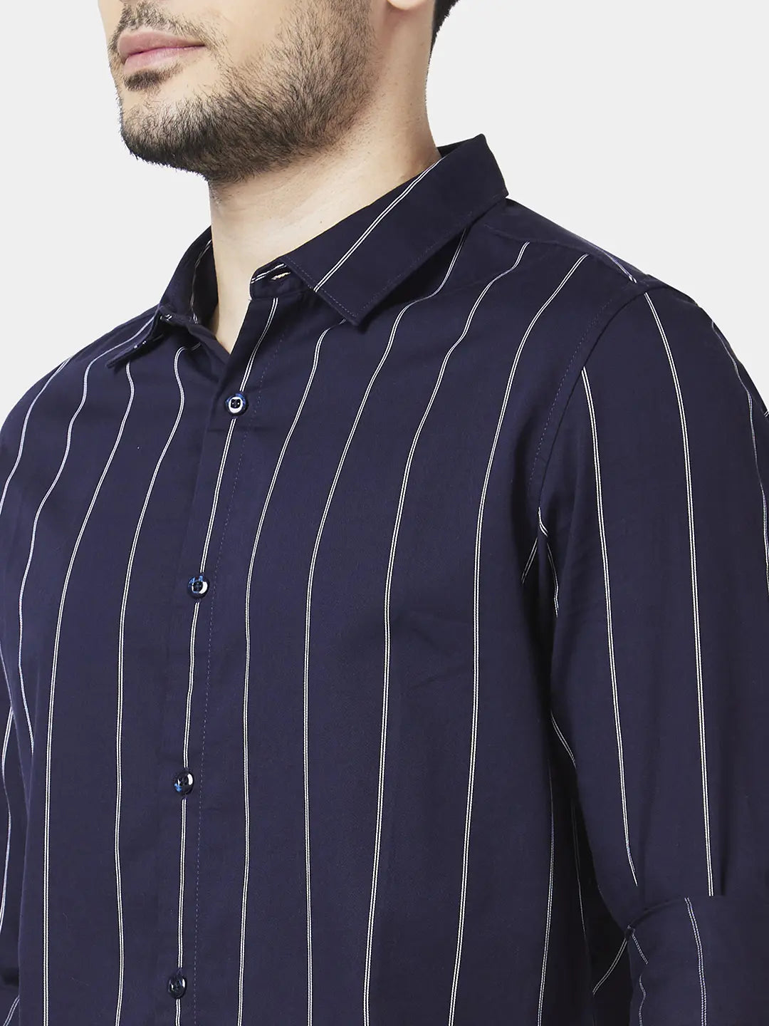 Shop Spykar Men Navy Blue Cotton Slim Fit Full Sleeve Striped Shirt