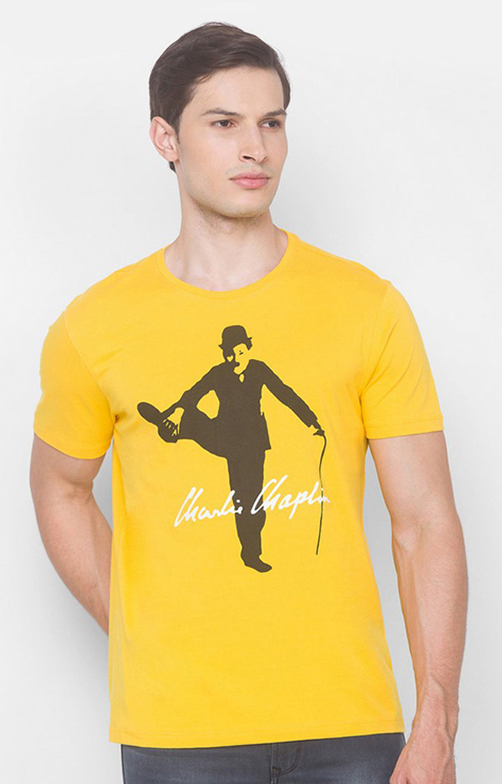 Charlie Chaplin Spykar Men Chrome Yellow Cotton Slim Fit Round Neck Printed T-Shirt