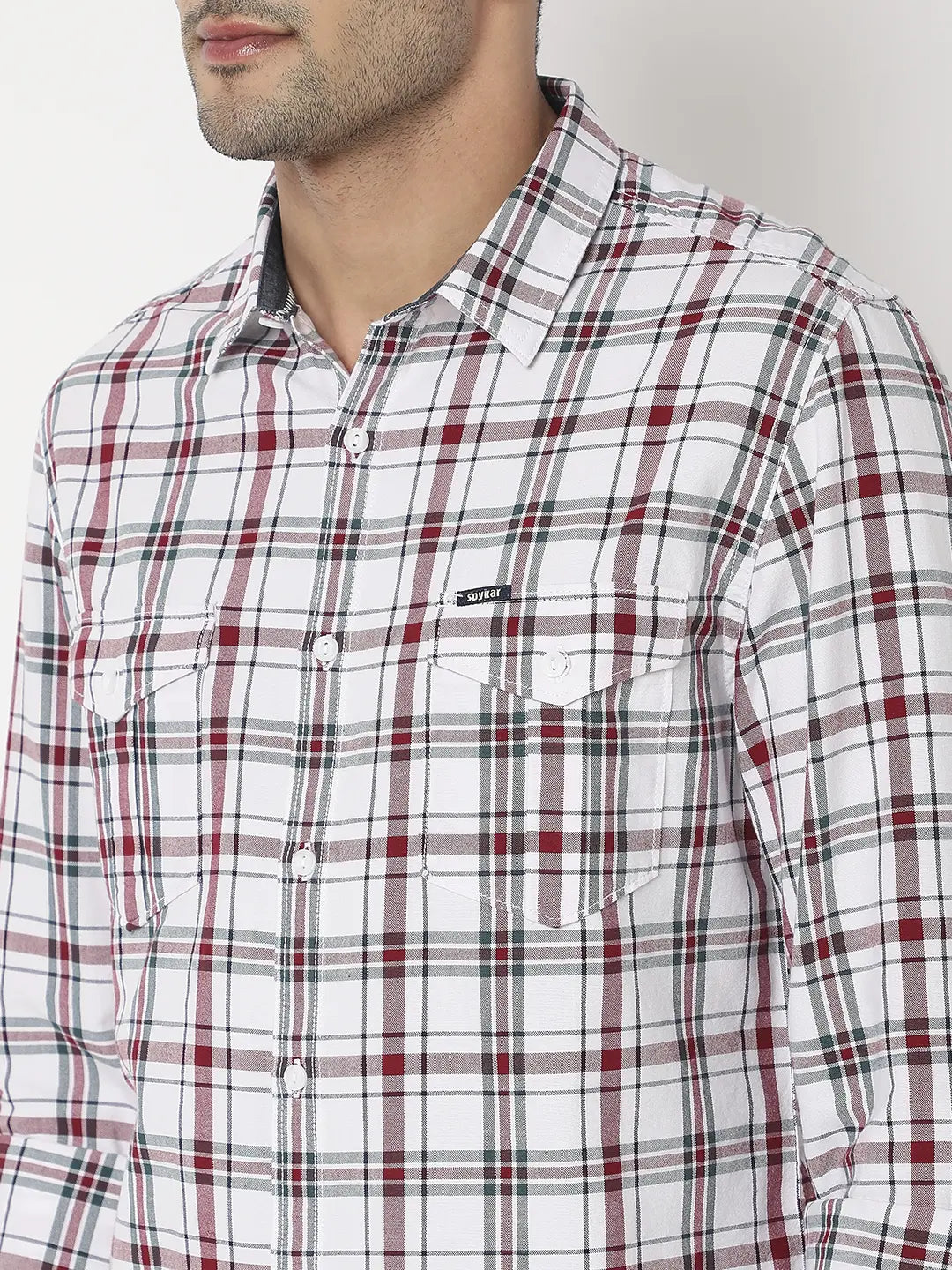 Spykar Men Beige & Wine Red Cotton Slim Fit Checkered Shirt