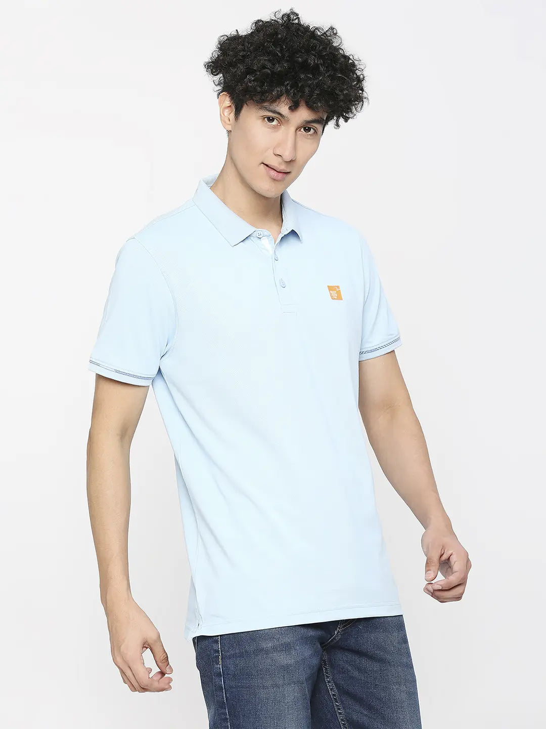 Spykar Men Powder Blue Cotton Slim Fit Polo Neck Plain T-Shirt