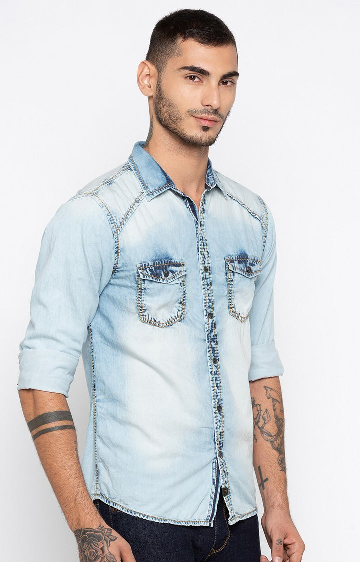 Spykar Men'S Blue Cotton Solid Casual Shirts