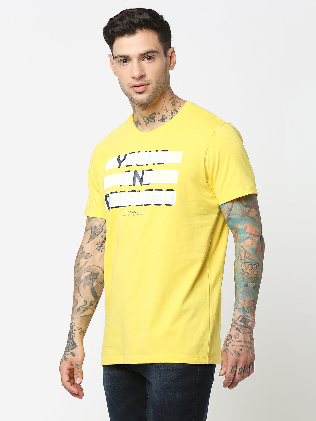 Spykar Men Yellow Cotton Slim Fit Round Neck Printed T-Shirt