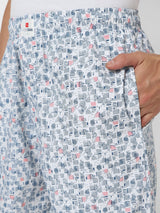 Men Premium White & Blue Cotton Printed Pyjama - Underjeans By Spykar