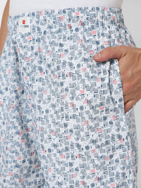 Men Premium White & Blue Cotton Printed Pyjama - Underjeans By Spykar