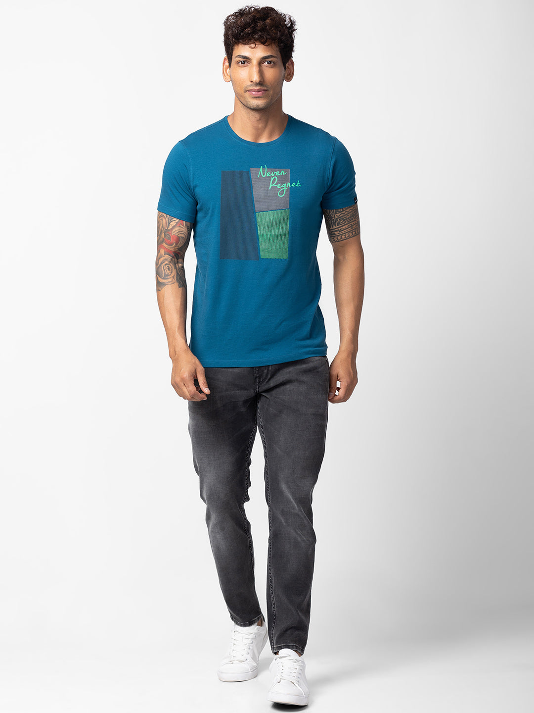 Spykar Men Light Teal Blue Cotton Regular Fit Half Sleeve Printed T-Shirt