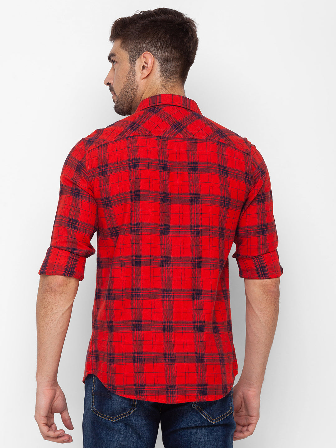 Spykar Red Cotton Full Sleeve Checks Shirt For Men