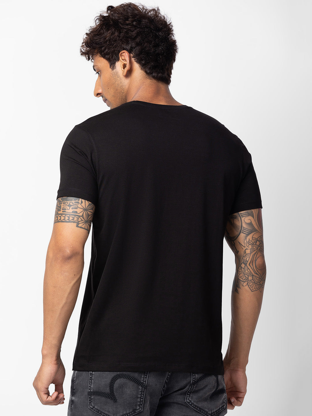 Spykar Men Black Cotton Regular Fit Half Sleeve Printed T-shirt