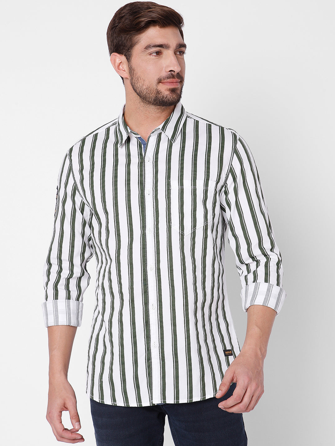 Spykar Green Cotton Slim Fit Stripe Shirts For Men