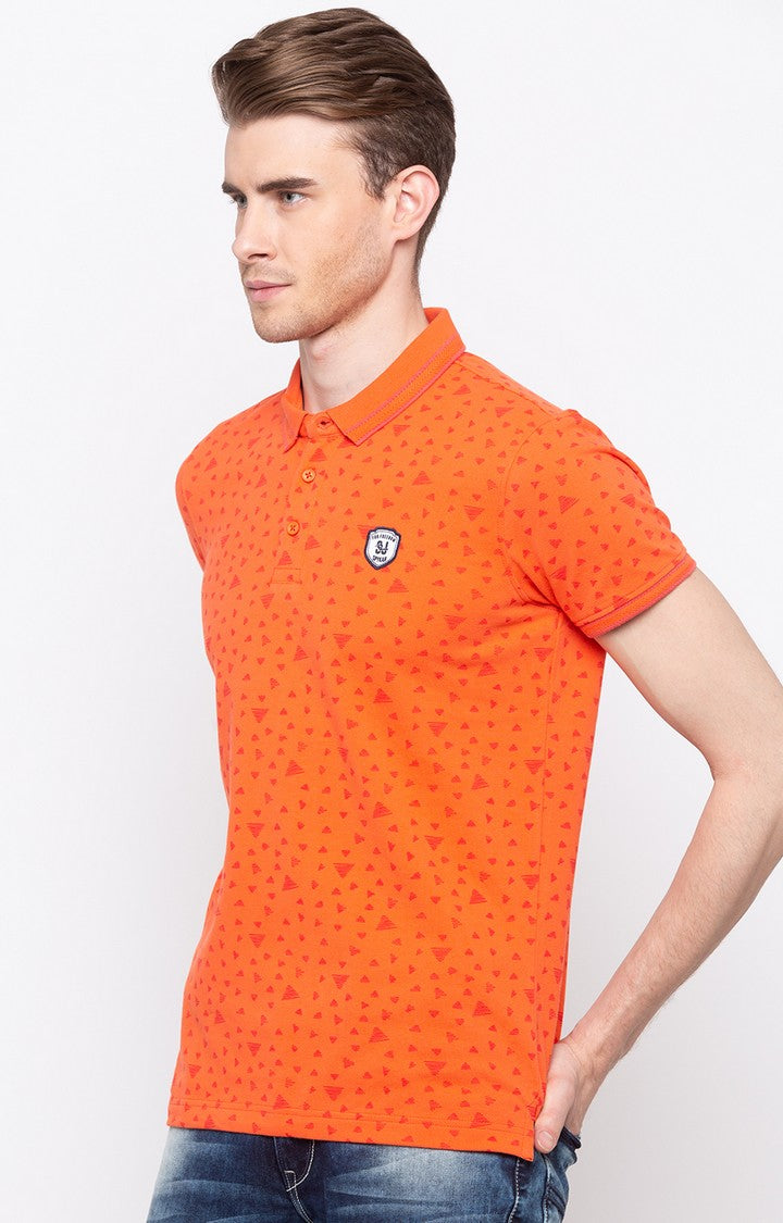 Spykar Coral Printed Slim Fit Polo T-Shirt