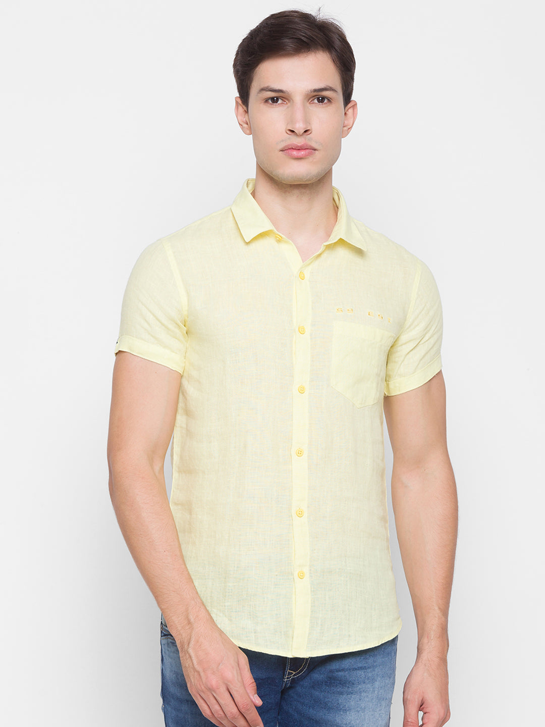 Spykar Slim Fit Yellow Cotton Men Shirt