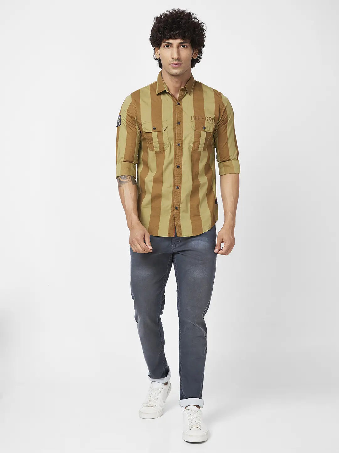 Spykar Men Khaki Cotton Regular Slim Fit Full Sleeve Casual Striped Shirt
