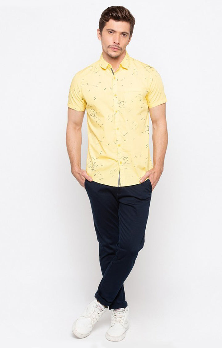 Spykar Men'S Yellow Cotton Printed Casual Shirts