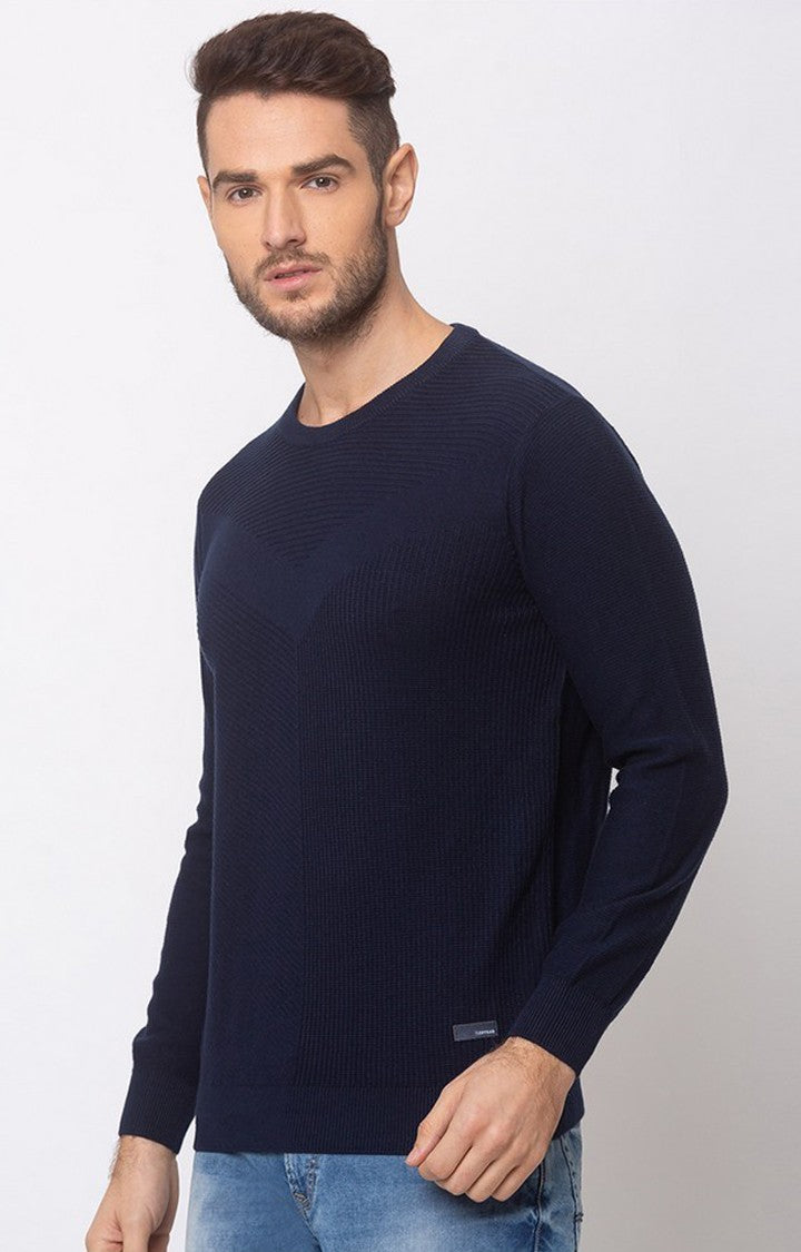 Spykar Navy Blue Cotton Regular Fit Sweater For Men