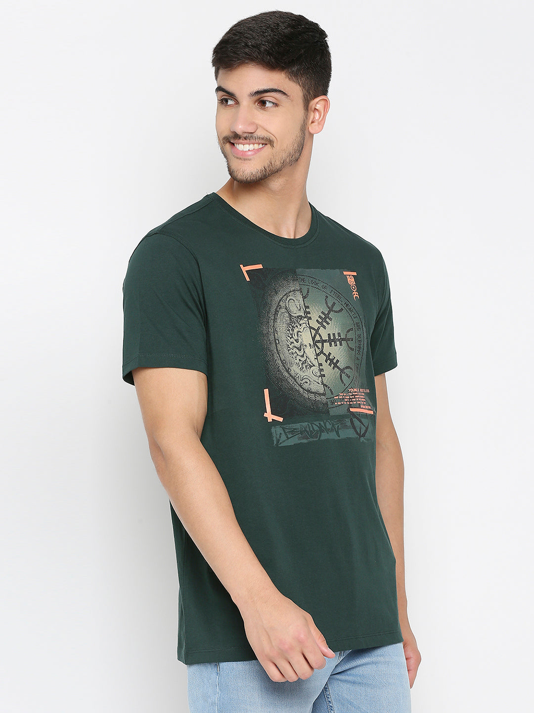 Spykar Bottle Green Cotton Half Sleeve Printed Casual T-Shirt For Men