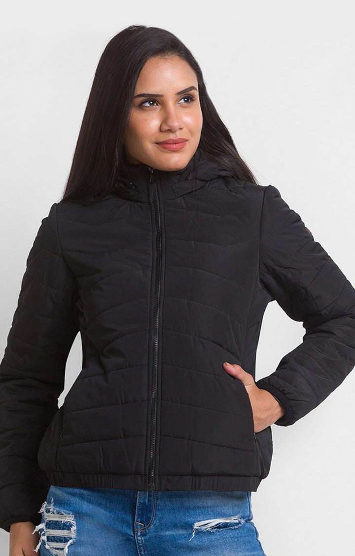 Spykar Black Nylon Full Sleeve Casual Jacket For Women