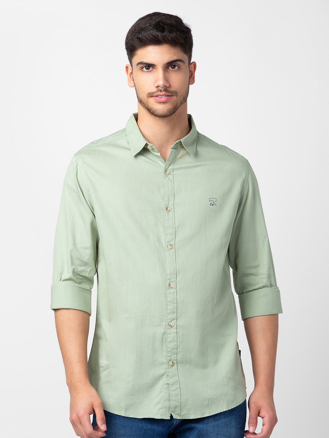 Spykar Men Pista Green Cotton Slim Fit Plain Shirt