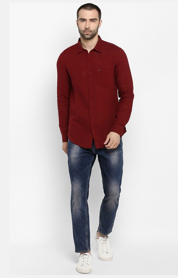 Spykar Men'S Red Linen Solid Casual Shirts