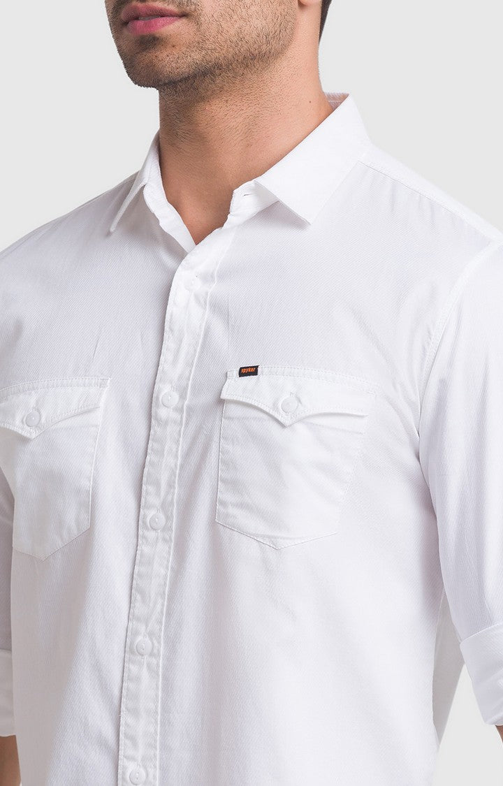 Spykar White Cotton Full Sleeve Plain Shirt For Men